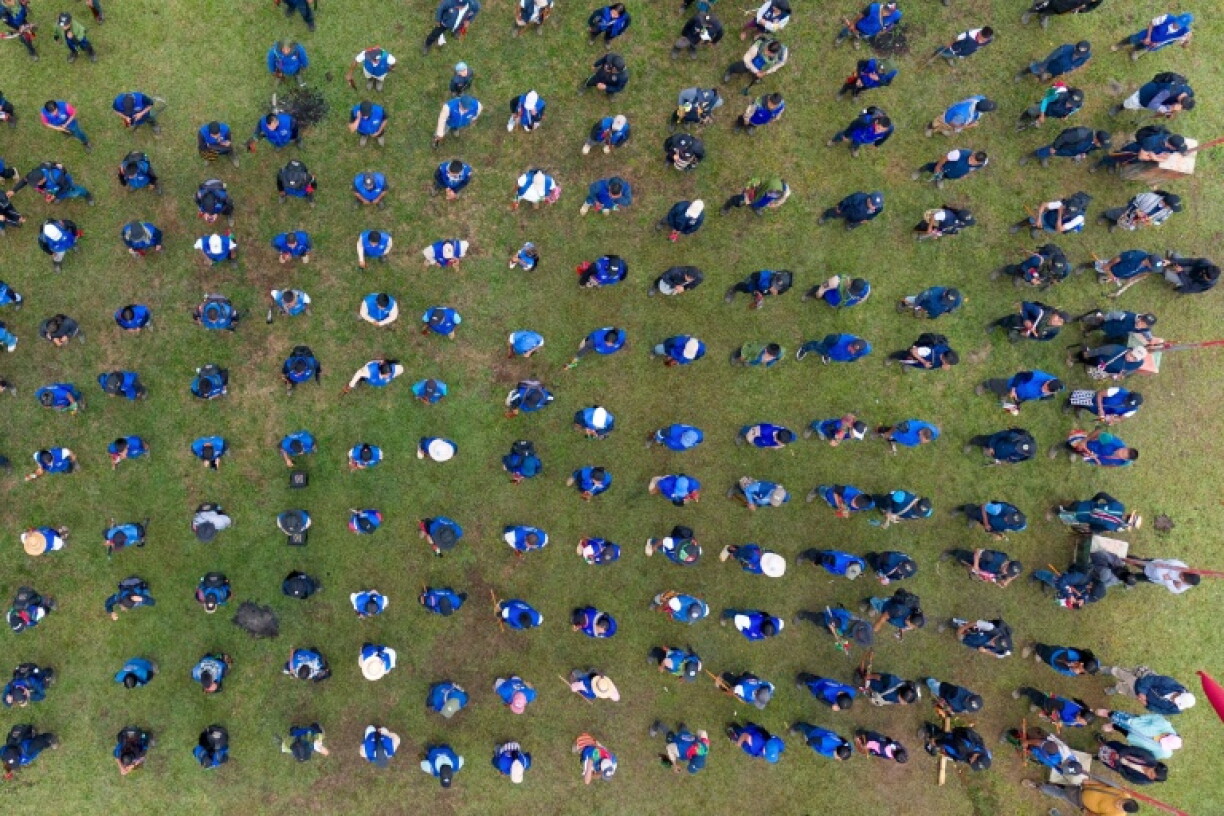 This aerial view shows Indigenous guards taking part in a training session in Colombia's southwestern Cauca department