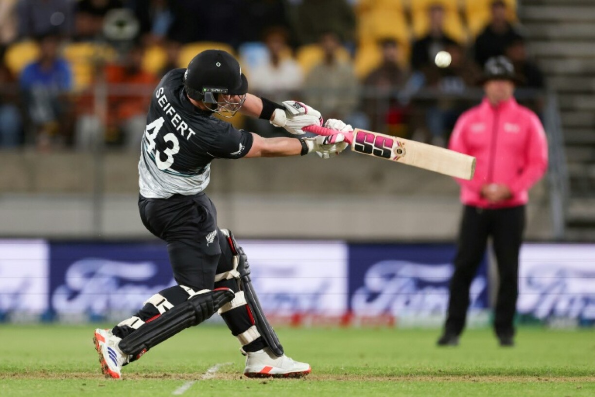 New Zealand's Tim Seifert plays a shot against Pakistan