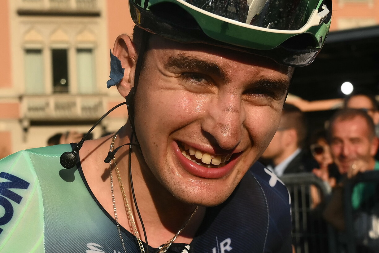 Decathlon CMA CGM Team’s French rider Paul Seixas celebrates winning the 120th edition of the Giro di Lombardia (Tour of Lombardy) between Bergamo and Como on October 10, 2026. (Photo by Marco BERTORELLO / AFP)