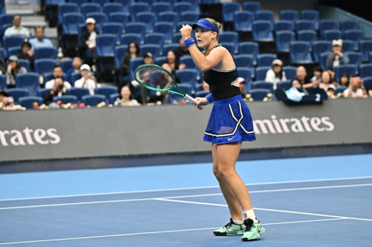Russia’s Mirra Andreeva reacts after winning against Czech Republic's Nikola Bartunkova