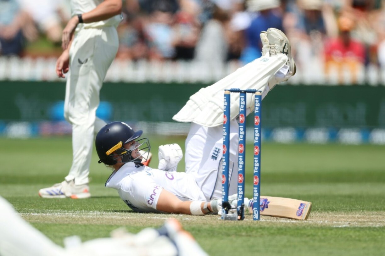 England's Jacob Bethell falls over on day two of the second Test cricket match with New Zealand in Wellington