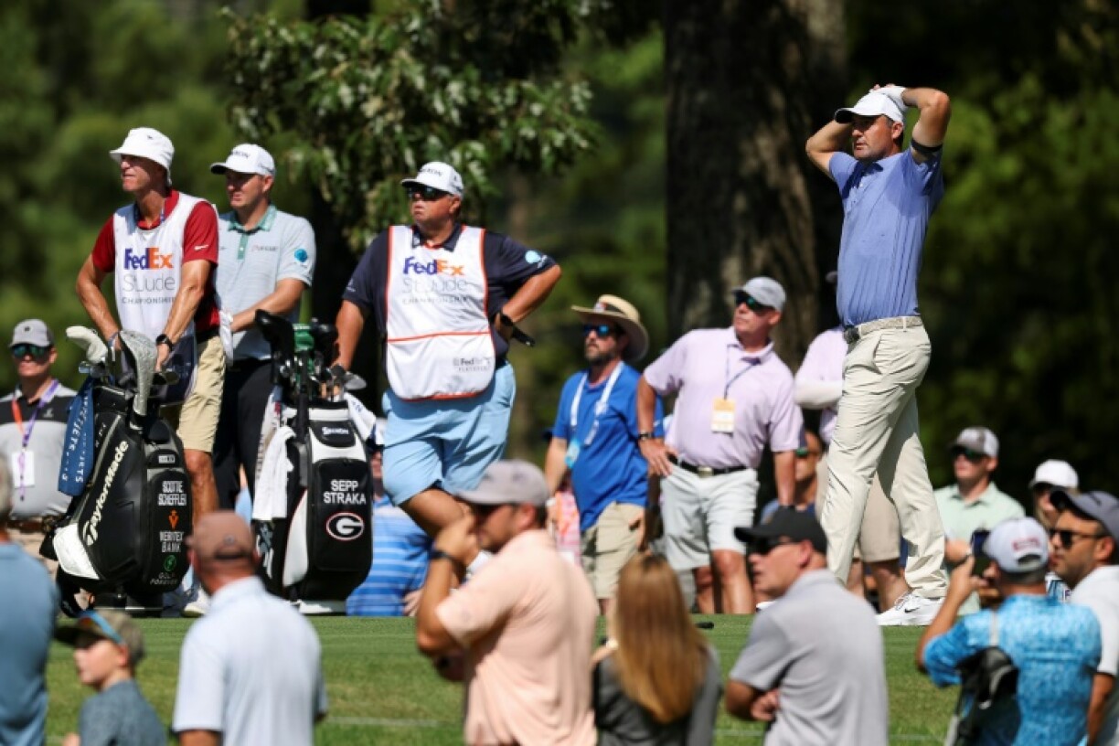 American Scottie Scheffler reacts to an errant tee shot in the second round of the US PGA Tour St. Jude Championship in Memphis, Tennessee