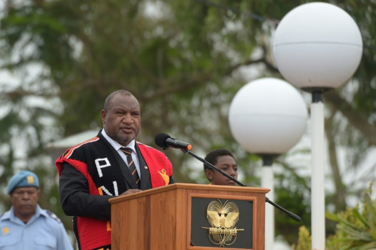Papua New Guinea Prime Minister James Marape speaks during a flag-raising ceremony marking the country's 50th independence anniversary in Port Moresby on September 16