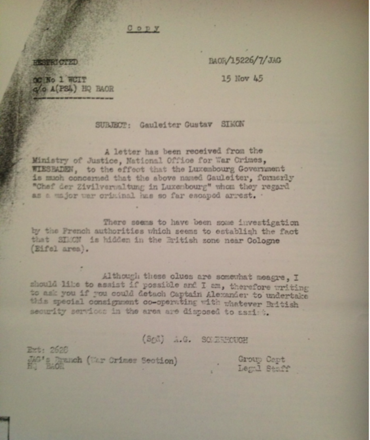 A. G. Somerhaugh's letter to T. H. Tilling.