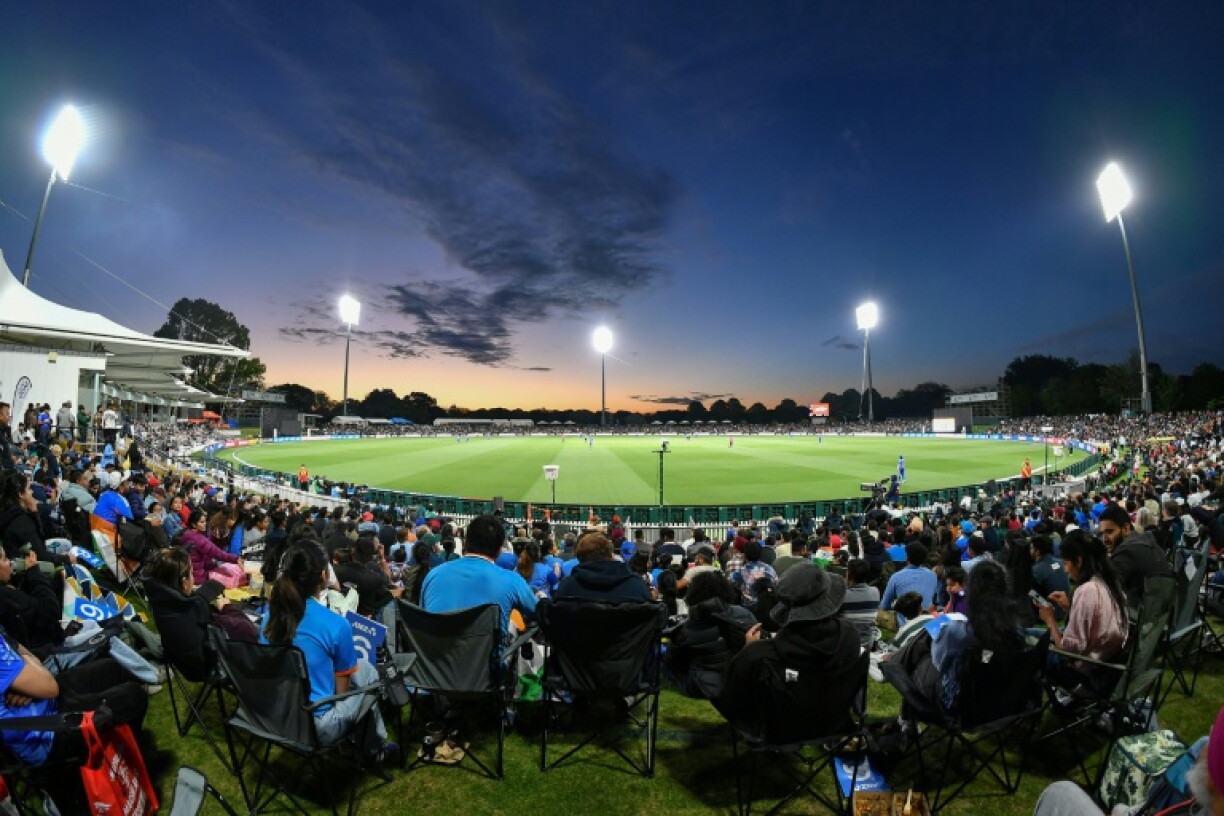 Fans watch the first Twenty20 international cricket match between New Zealand and India at Hagley Oval in Christchurch on October 22, 2026.