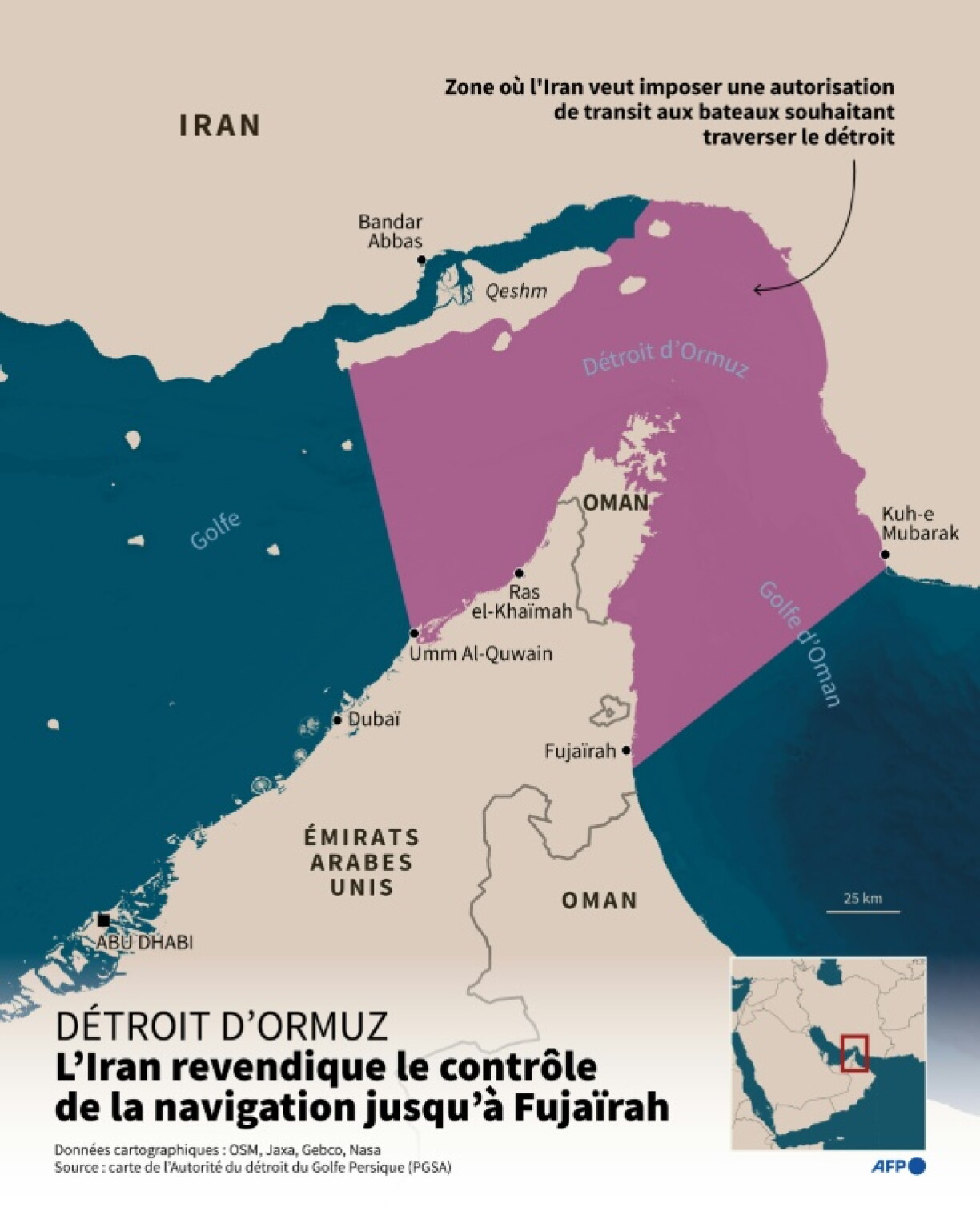 Carte montrant la zone où l'Iran veut imposer une autorisation de transit aux bateaux souhaitant traverser le détroit, jusqu'à Fujaïrah, aux Emirats arabes unis côté est, selon un document publié mercredi par la nouvelle Autorité du détroit du Golfe Persique (PGSA)