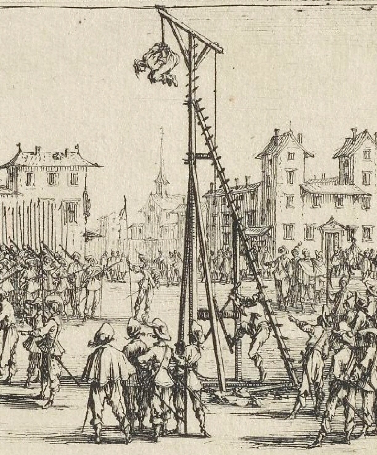 The Strappado, used as public punishment, detail of plate 10 of Les Grandes Misères de la guerre by Jacques Callot, 1633