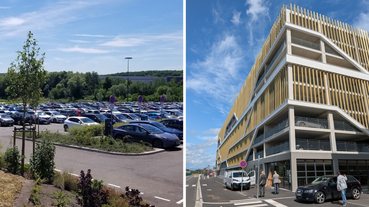 Le parking de Metzange (à gauche) et le parking-silo de Thionville sont deux des infrastructures les plus importantes cofinancées par le Luxembourg en France.