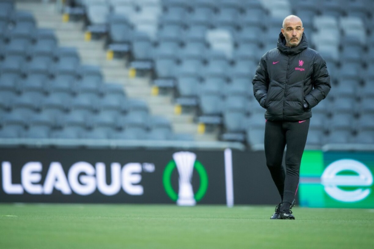 Chelsea coach Enzo Maresca oversees a training session on the eve of the UEFA Conference League semi-final against Djurgarden