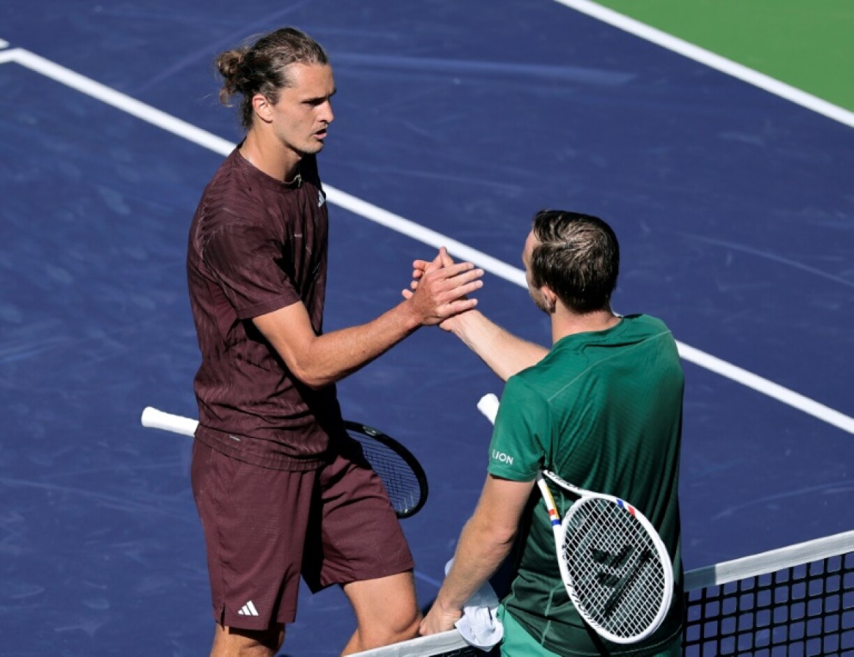 Top-seeded Alexander Zverev of Germany shakes hands with Tallon Griekspoor after falling to the 43rd-ranked Dutch player in the second round at Indian Wells