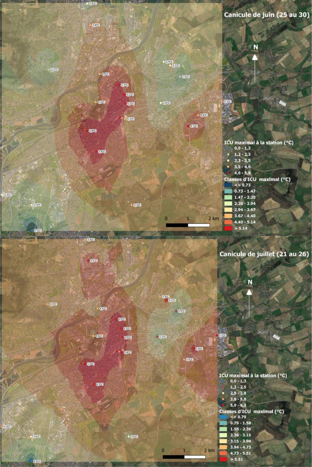 Cette carte détaille les écarts maximaux entre les températures minimales relevées par les stations locales REMTHAM et la station Metz Frescaty de Météo France pendant les épisodes caniculaires de juin et de juillet 2019.