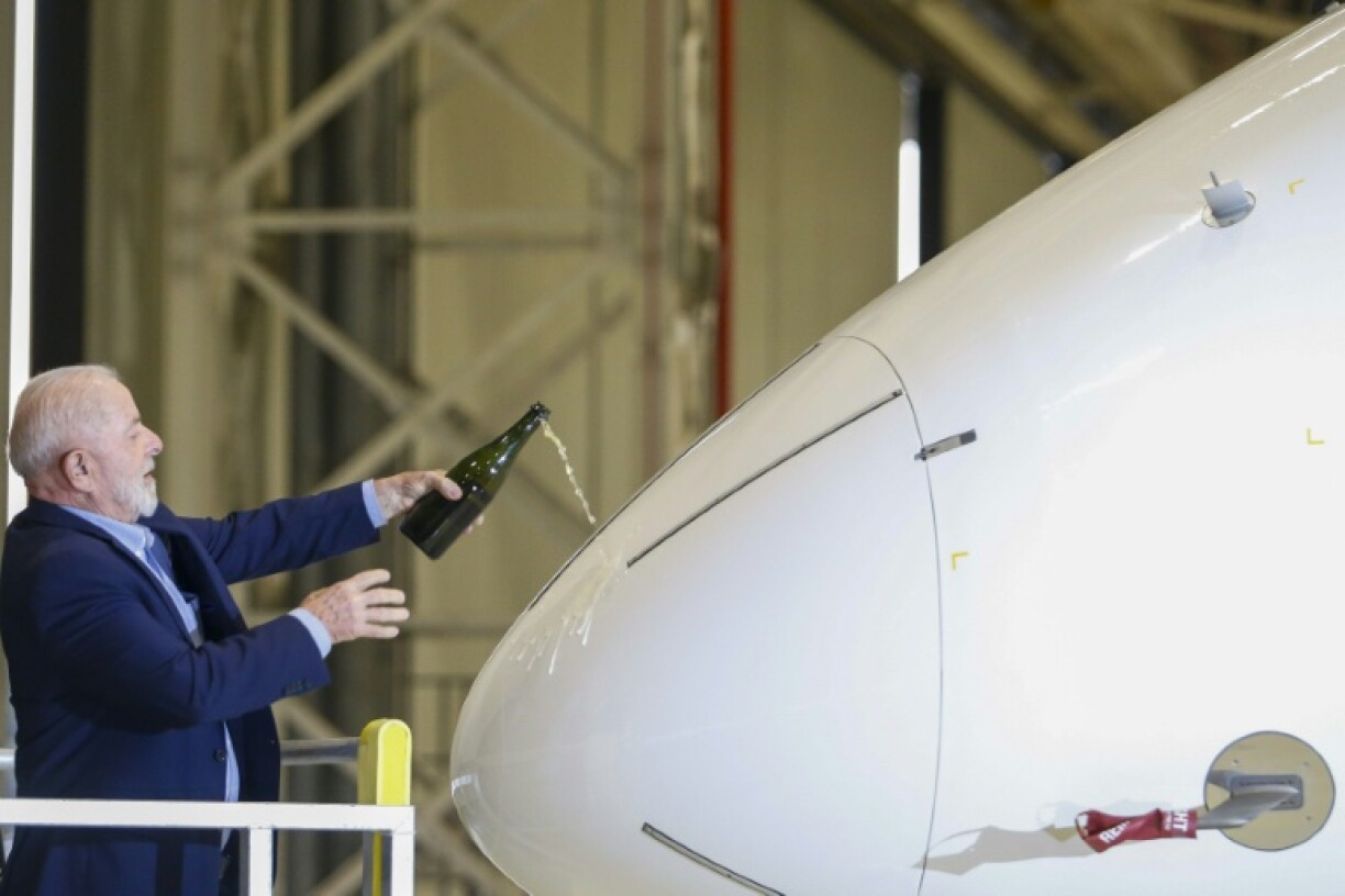 Brazilian President Luiz Inacio Lula da Silva christens the Embraer E2-190 aircraft in April 2024