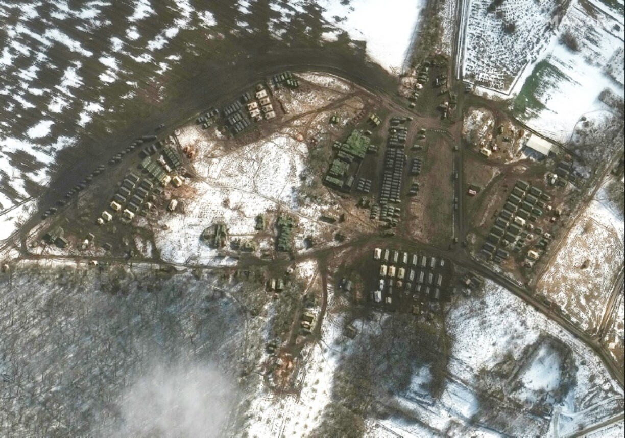 Maxar satellite imagery taken on February 21, 2022, shows a new deployment of Russian material support and troops in Krasnyy Oktyabr, a rural area southwest of Belgorod, Russia, less than 20 kilometers (12 miles) from the Ukraine border