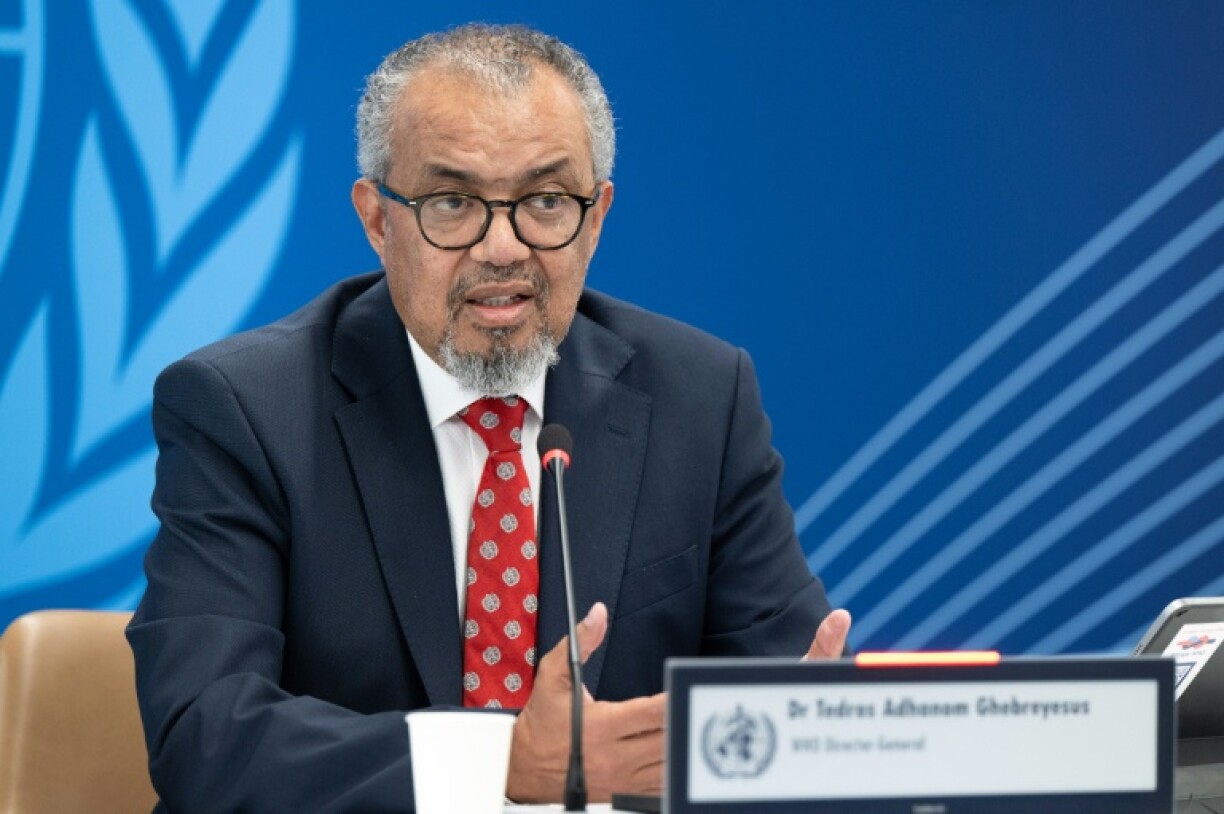 Photo diffusée le 7 mai 2026 par l'Organisation mondiale de la santé (OMS) montrant son directeur général, Tedros Adhanom Ghebreyesus, lors d'une conférence de presse virtuelle au siège de l'OMS à Genève, concernant le foyer d'hantavirus lié au navire de croisière MV Hondius