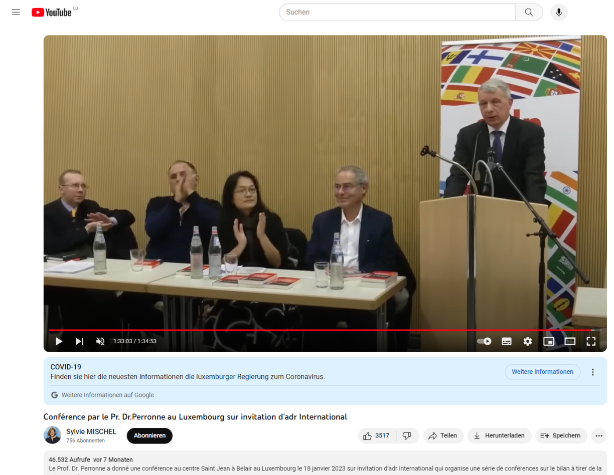 Image tirée de la vidéo de la conférence retrouvée sur le canal de la candidate ADR Sylvie Mischel. dGàD: Alain Escada, Jacques Bauer, pharmacien suisse, Anne-Marie Yim et Christian Perrone tout à droite assis à la table. Fernand Kartheiser se tient derrière la tribune.