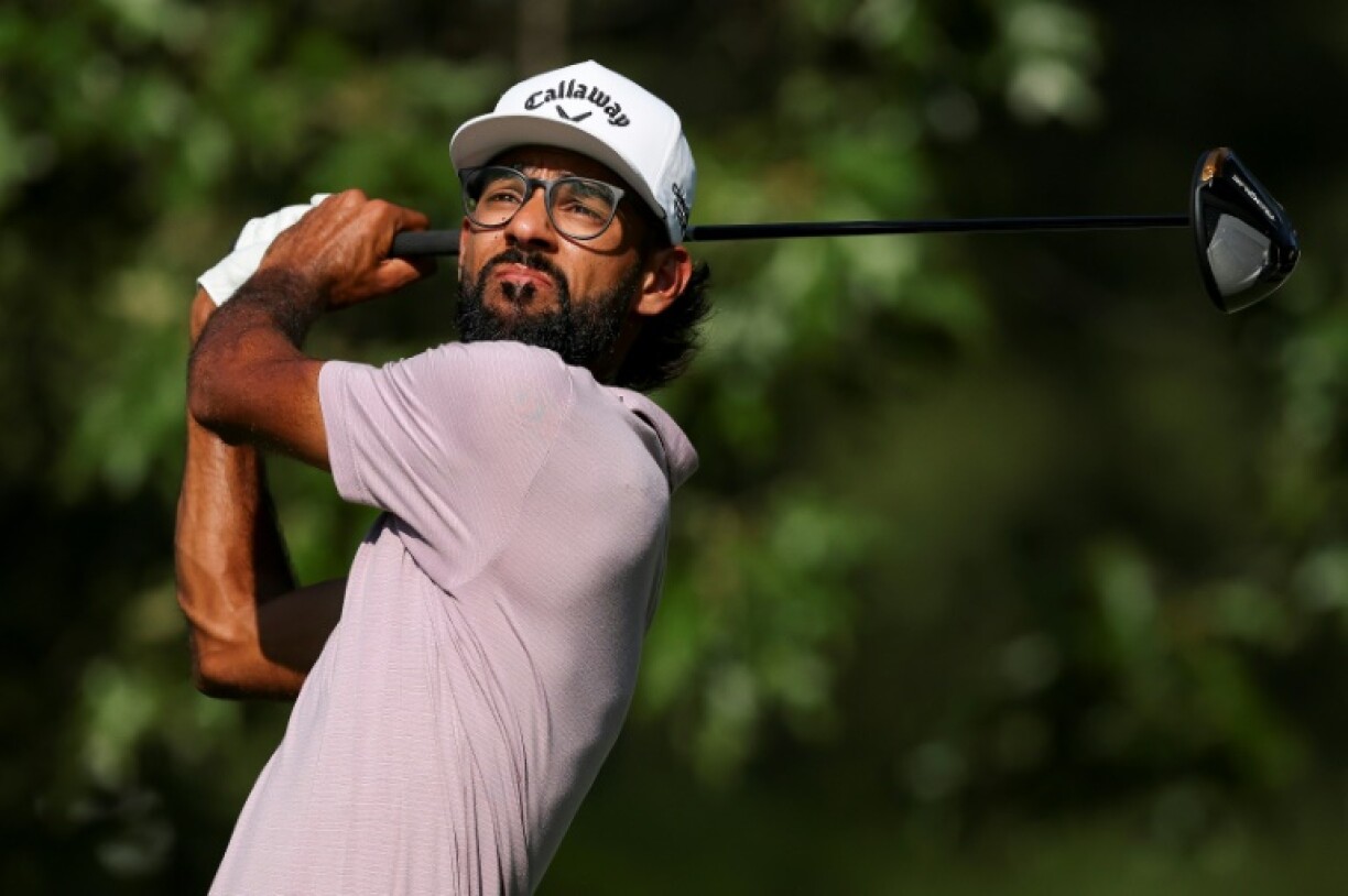 Akshay Bhatia eyes a tee shot on the way to the first-round lead in the US PGA Tour St. Jude Classic in Memphis, Tennessee