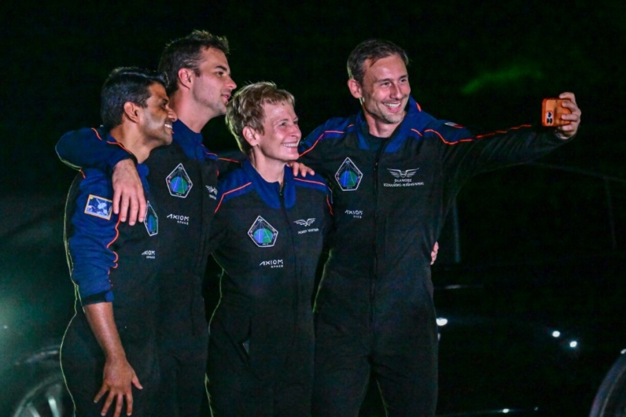 (L-R) ISRO astronaut Shubhanshu Shukla, Hungarian astronaut Tibor Kapu, US astronaut Peggy Whitson and Polish astronaut Slawosz Uznanski-Wisniewski posed for a picture ahead of the Axiom-4 mission