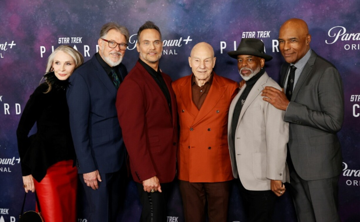 Patrick Stewart (C-R) starred with (L-R) actors Gates McFadden, Jonathan Frakes, Todd Stashwick, LeVar Burton and Michael Dorn in 'Star Trek: Picard,' another puting for his indelible character Captain Jean-Luc Picard