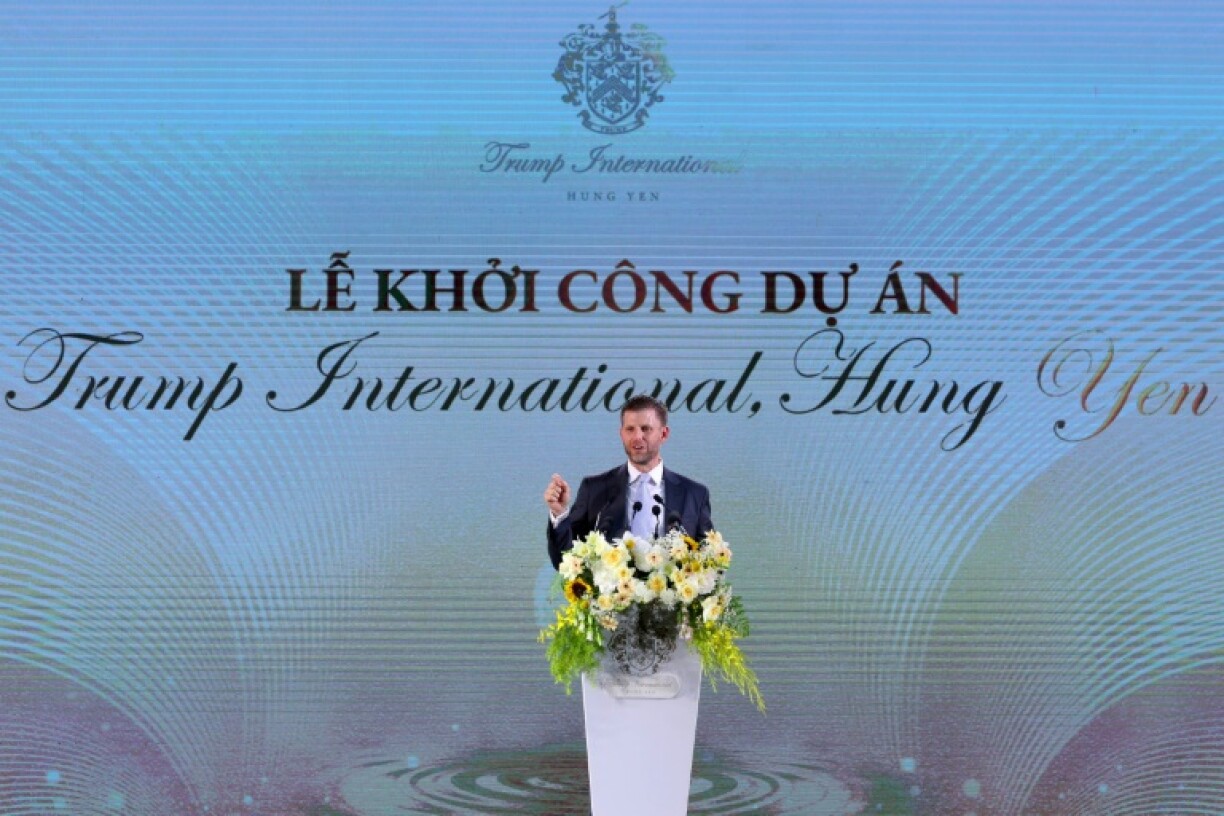 Eric Trump, son of US President Donald Trump, makes a speech during the groundbreaking ceremony for the Trump International, Hung Yen resort and golf course project in Hung Yen province on May 21, 2025