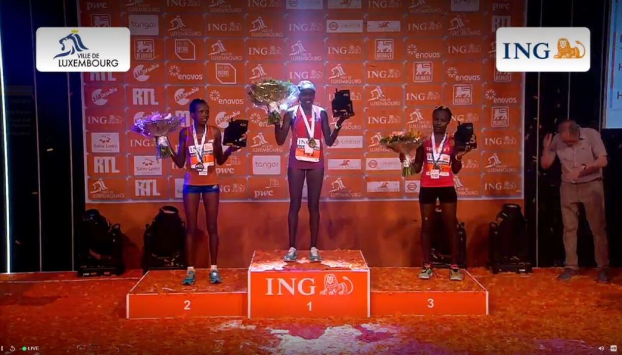 The women's top-3. Betty Chepkwony in 1st place, followed by Rebby Koech, and Sarah Lagat.