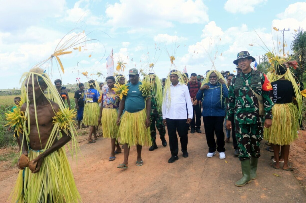 Government officials, military officers and villagers attending the first rice harvest at Kaliki village in Merauke, South Papua