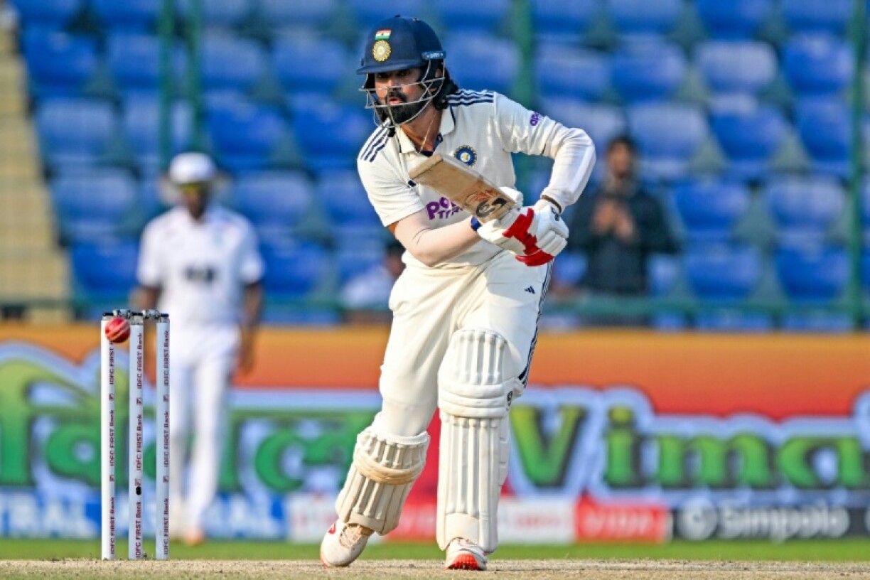 India's KL Rahul watches the ball after playing a shot during the fourth day of the second and final Test