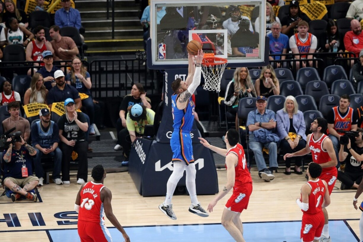 Isaiah Hartenstein of the Oklahoma City Thunder flies to the basket in the Thunder's series-clinching game four victory over the Memphis Grizzlies in the NBA playoffs