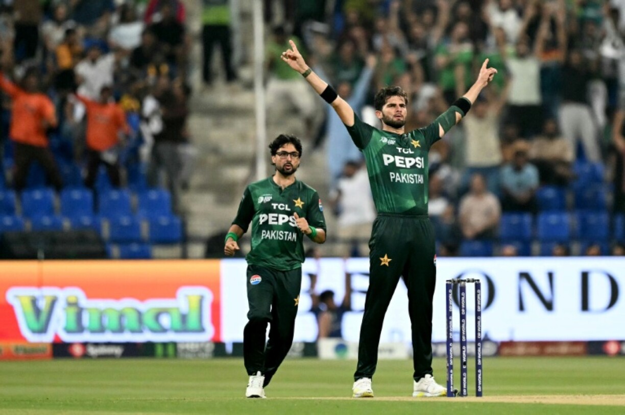Pakistan's Shaheen Shah Afridi celebrates after taking the wicket of Sri Lanka's Pathum Nissanka