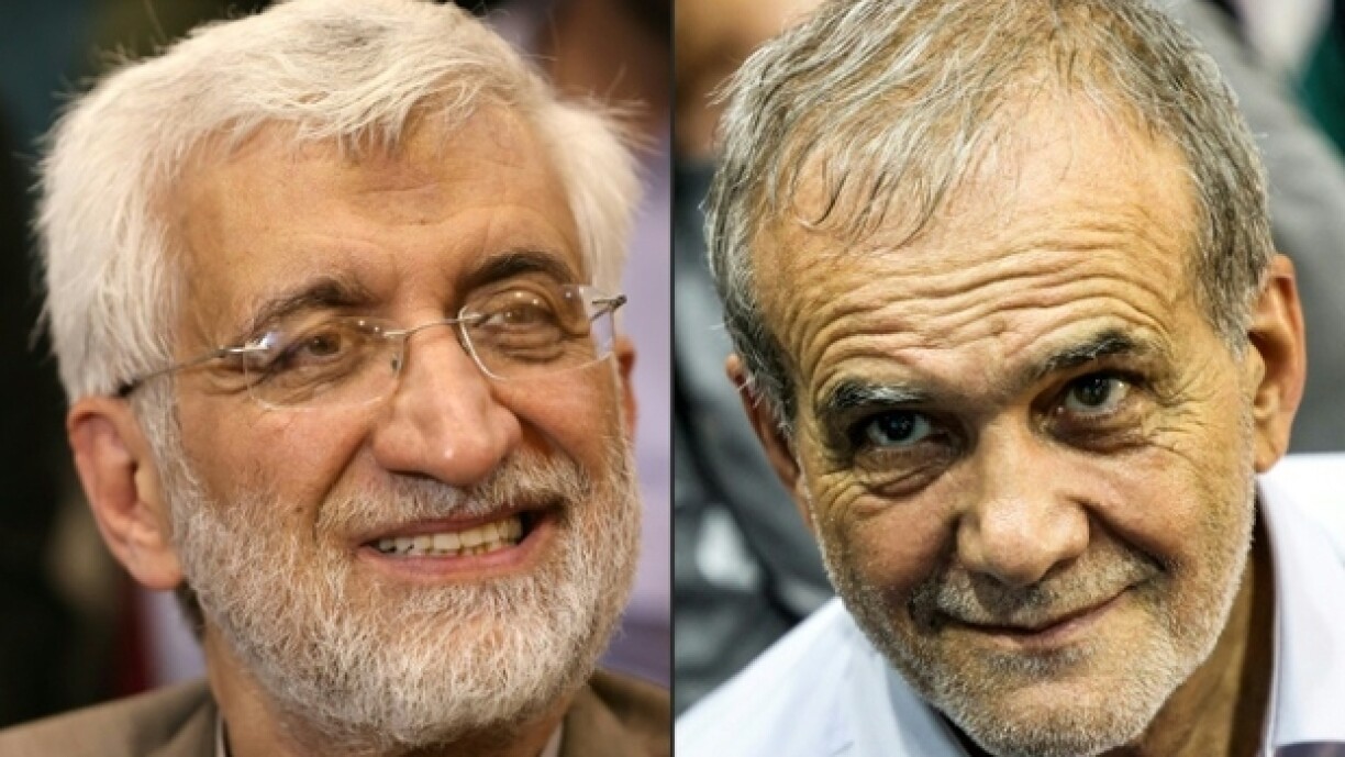 Photo montage fait le 29 juin 2024 montrant des photos d'archive des deux candidats qualifiés pour le second tour de l'élection présidentielle en Iran, l'ultraconservateur Saïd Jalili (G) et le réformateur Massoud Pezeshkian (D)