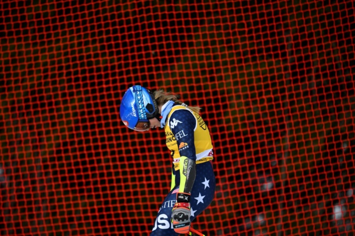 Mikaela Shiffrin reacts after skiing out in the first run of the World cup giant slalom in Are, Sweden