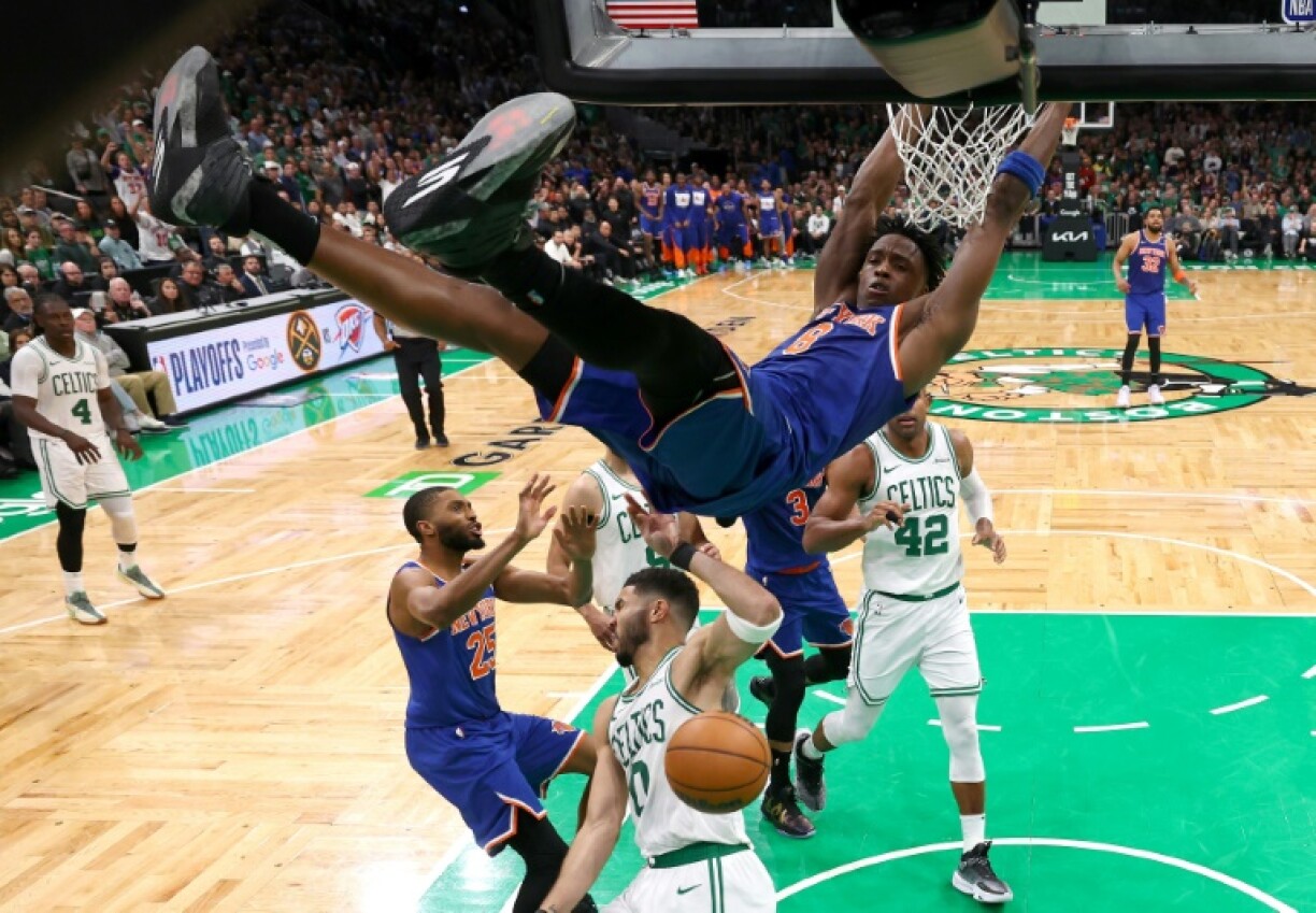 OG Anunobyof the New York Knicks dunks the ball in a game-one win against the Boston Celtics