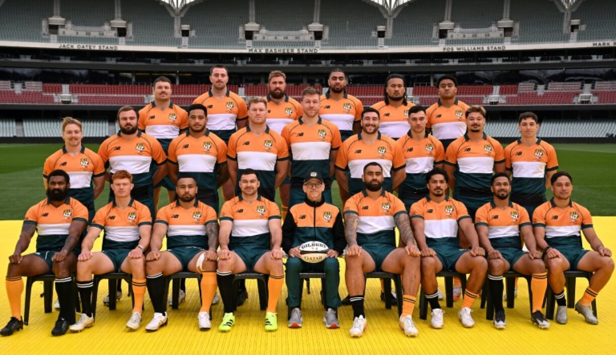 The Australia and New Zealand Invitational XV poses for a group photo in Adelaide