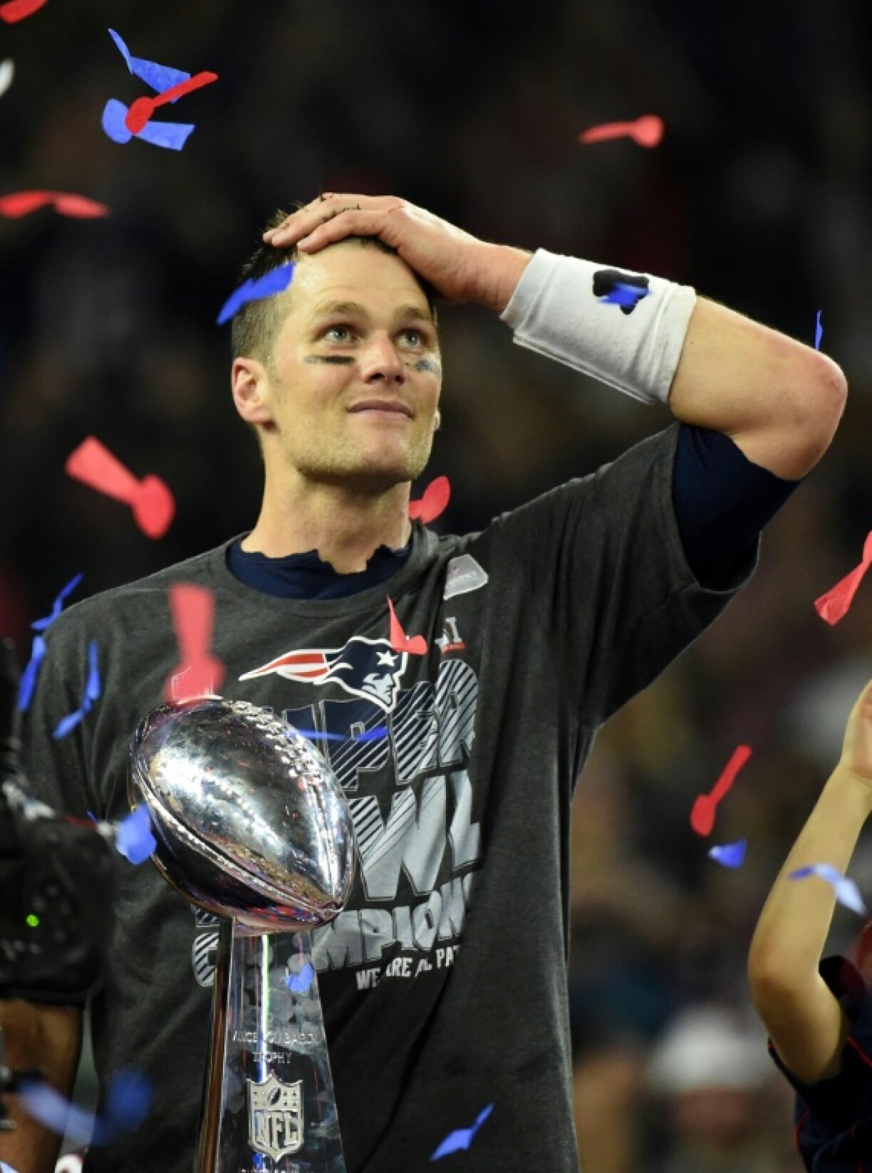 Tom Brady, alors aux New England Patriots, après la victoire contre les Falcons d'Atlanta lors du Super Bowl, le 5 février 2017 à Houston (Texas)
