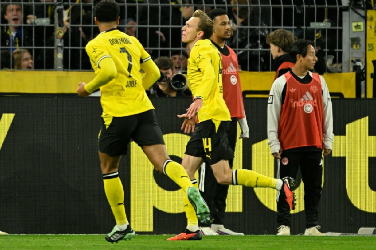 Maximilian Beier celebrates his winner for Borussia Dortmund against Eintracht Frankfurt.