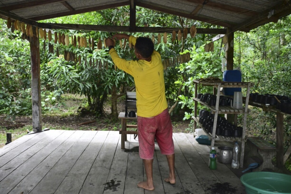 Renato Cordeiro, 57, hangs the collected rubber to dry at his home