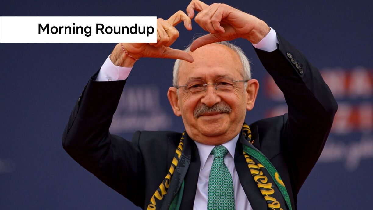 Turkey's Republican People's Party (CHP) Chairman and Presidential candidate Kemal Kilicdaroglu gestures on the stage during a rally in Kocaeli, on April 28, 2023.