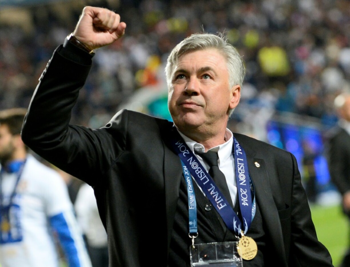 La joie de l'entraîneur italien du Real Madrid, Carlo Ancelotti, après la victoire face à l'Atlético Madrid, en finale de la Ligue des Champions, le 24 mai 2014 à Lisbonne