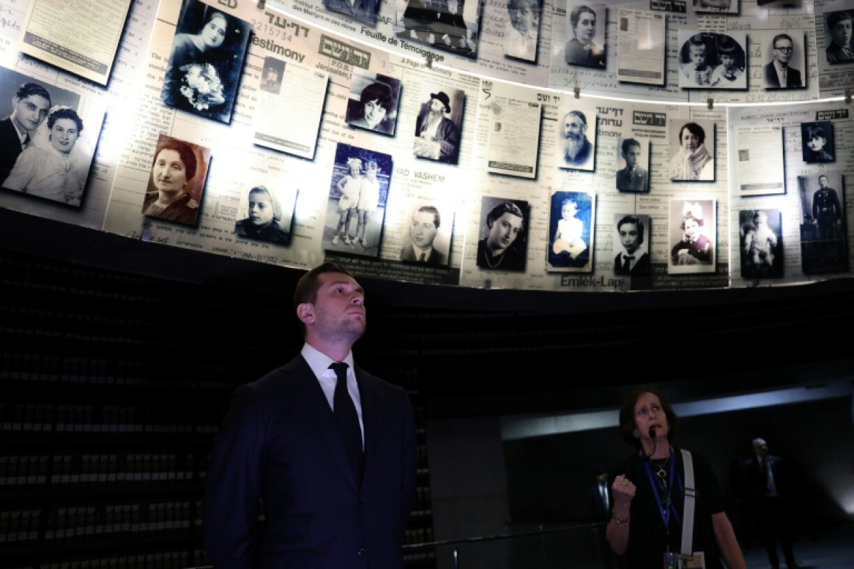 Fraench National Rally (RN) leader Jordan Bardella visits the Yad Vashem Holocaust Memorial in Jerusalem on March 26, 2025