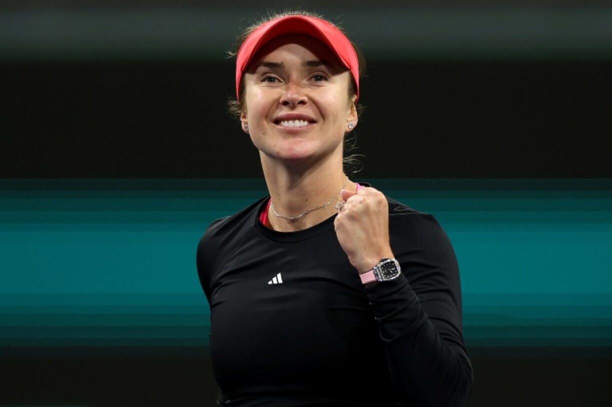 Elina Svitolina of Ukraine celebrates match point in her fourth-round win over Jessica Pegula at Indian Wells