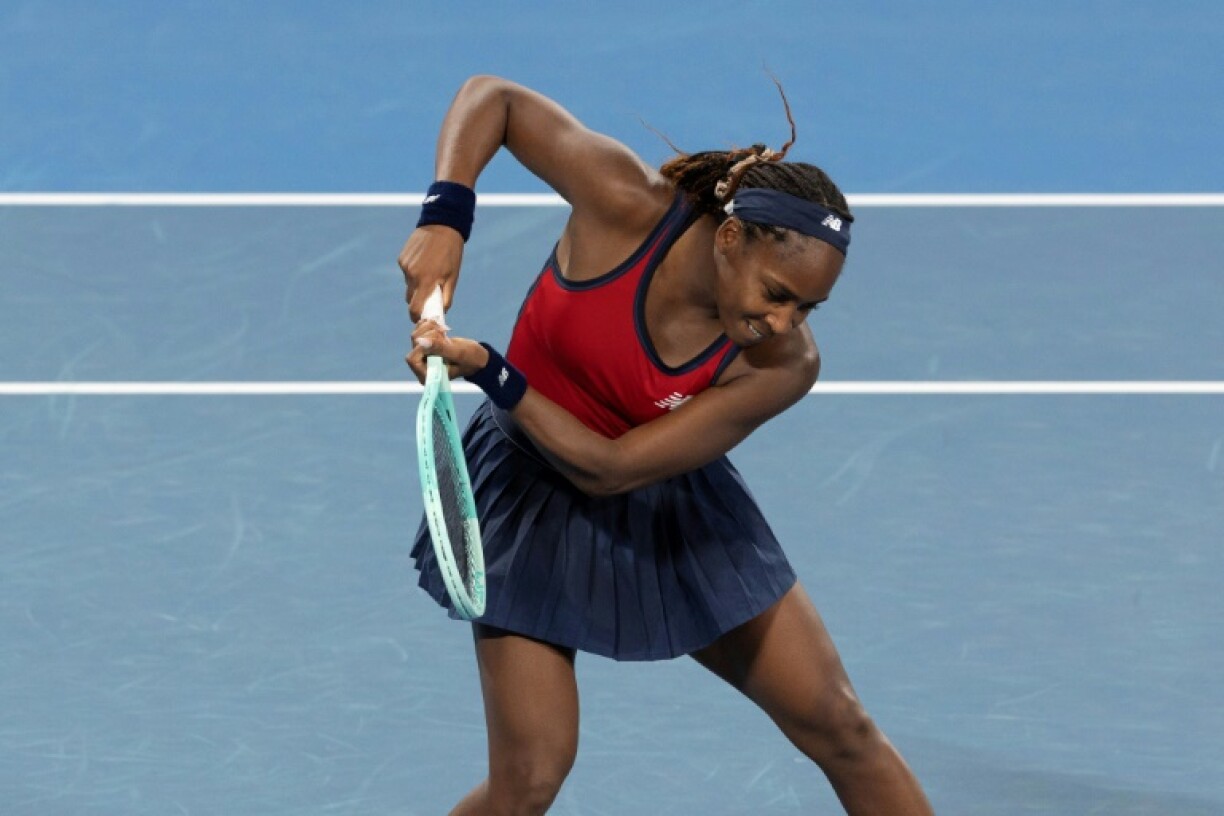 Coco Gauff celebrates winning her match against Poland's Iga Swiatek at the United Cup