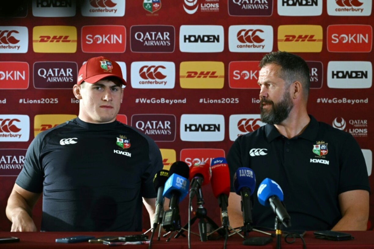 British and Irish Lions captain Dan Sheehan (L) with head coach Andy Farrell a press conference in Perth