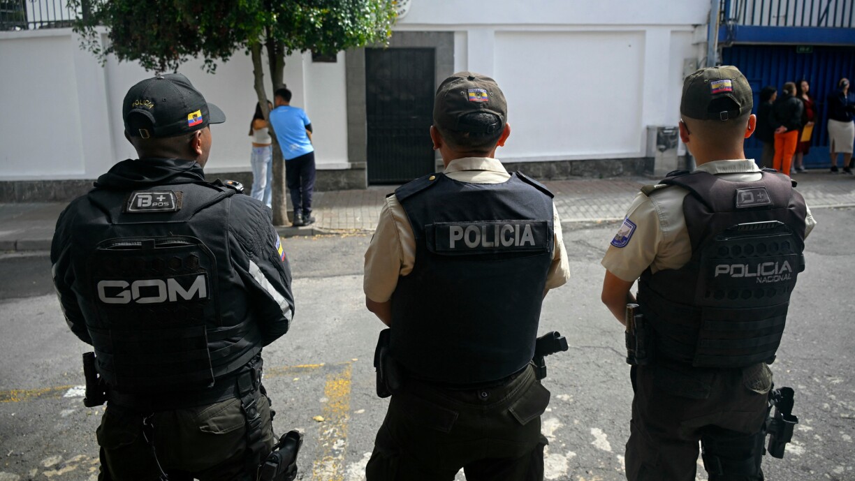 Police guard outside the Mexican embassy in Quito on 8 April 2024.