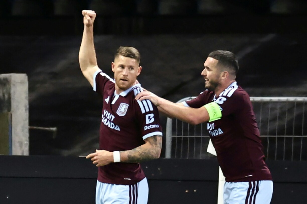Aston Villa midfielder Ross Barkley (left) celebrates his goal against Viking in the Champions League