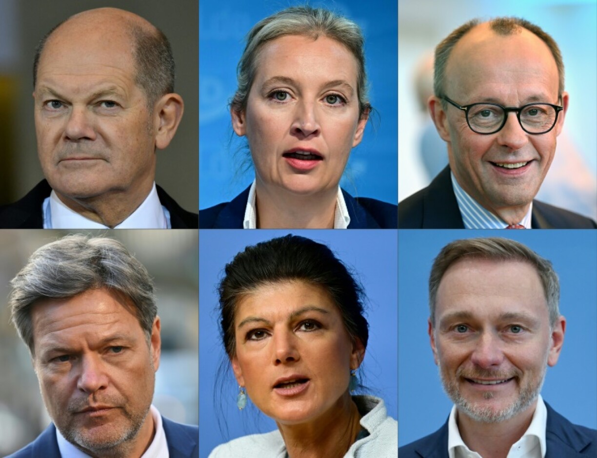 From top left to bottom right: Chancellor Olaf Scholz (SPD), Alice Weidel (AfD), Friedrich Merz (CDU), Robert Habeck (Greens), Sahra Wagenknecht (BSW) and Christian Lindner (FDP)