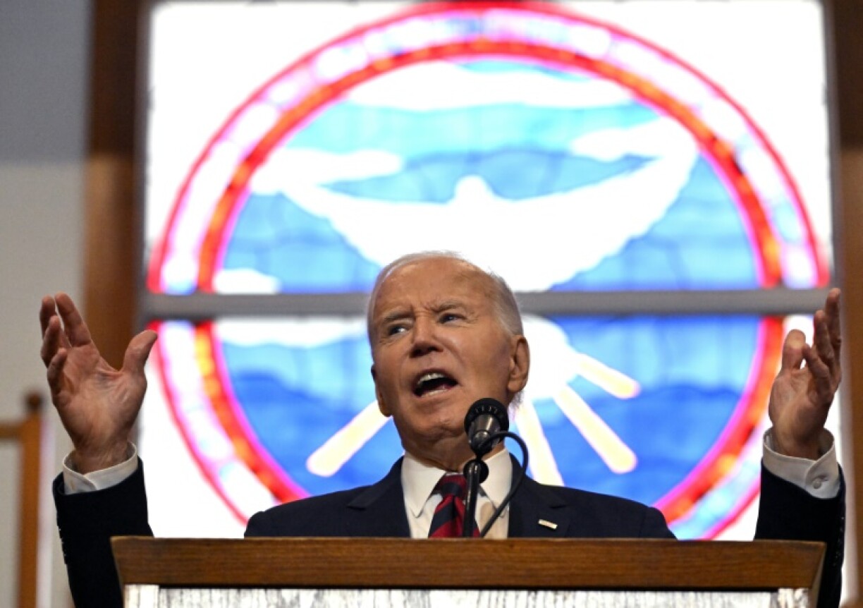 US President Joe Biden speaks during a Sunday service at Royal Missionary Baptist Church in North Charleston, South Carolina