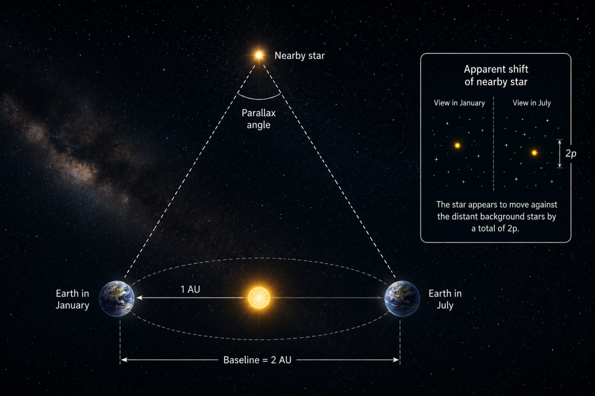 Stellar parallax measures a star’s apparent shift as Earth moves around the Sun