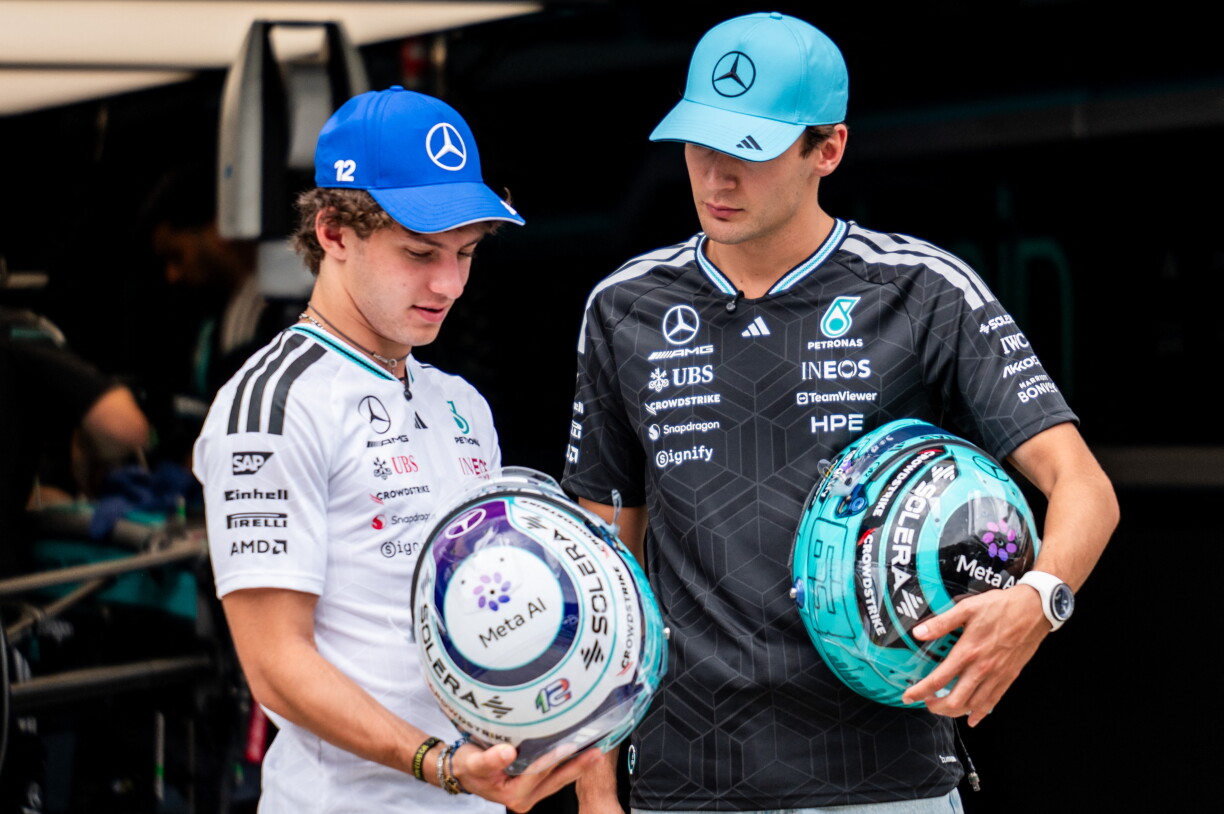 D'Mercedes-Pilote Kimi Antonelli an George Russell bewonneren hir nei Helmer.