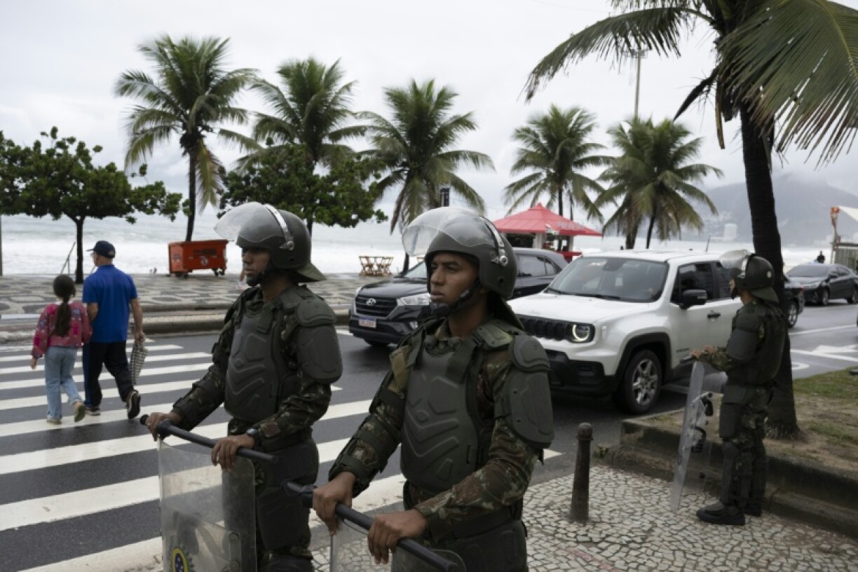Brazilian soldiers patrol Ipanema beach during security operations ahead of the 2025 BRICS summit in Rio de Janeiro