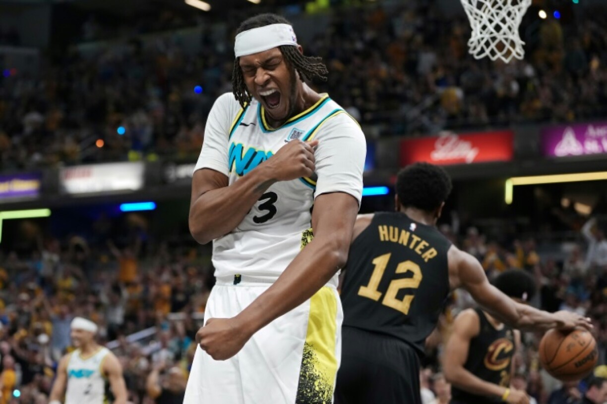 Myles Turner of the Indiana Pacers celebrates during the Pacers' victory over the Cleveland Cavaliers in game four of their NBA playoff series