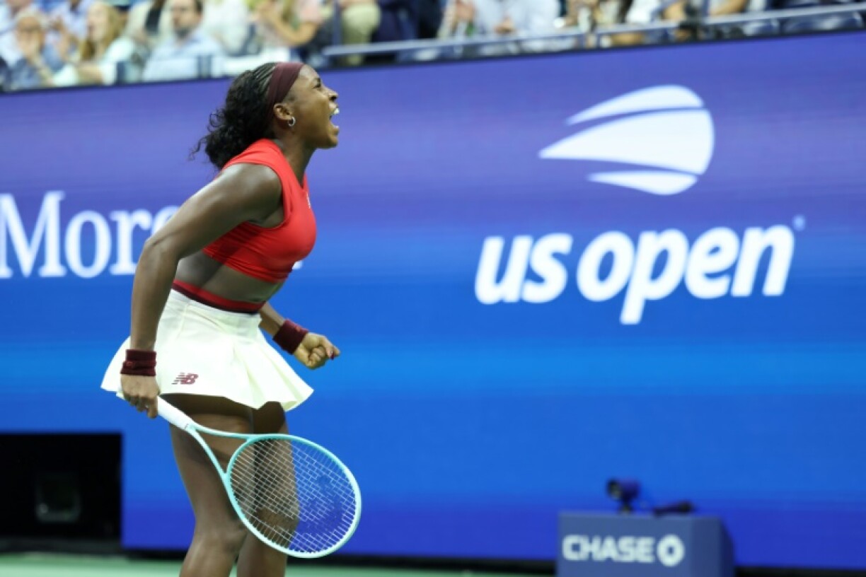 Coco Gauff celebrates after winning an error-strewn first-round match against Ajla Tomljanovic at the US Open